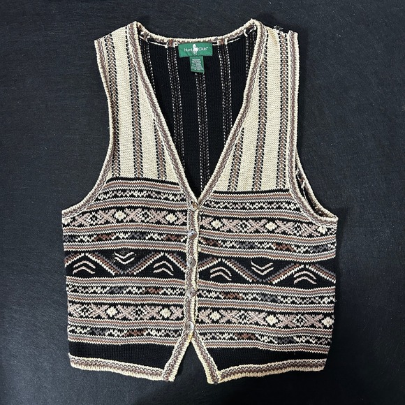 Hunt Club Vintage 90s Sweater Vest Sleeveless Knit Aztec‎ Pattern Button Up Sz M - Picture 1 of 9